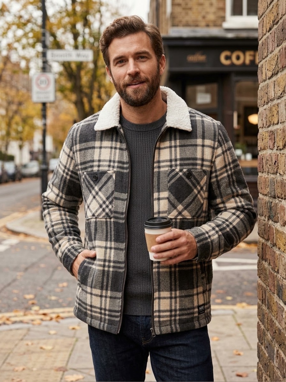 Men's Plaid Sherpa-Lined Shirt Jacket in Beige & Gray